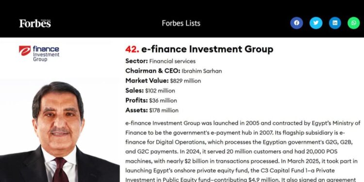  “إي فاينانس” تتألق ضمن قائمة فوربس لأفضل شركات الشرق الأوسط بعد إنجازاتها الرائدة في الاستثمارات الرقمية