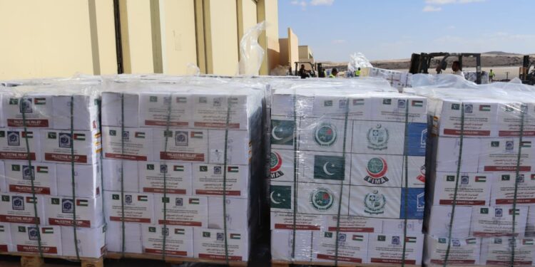 وصول الشحنة الرابعة من المساعدات الإنسانية الباكستانية لغزة إلى مطار العريش الدولي